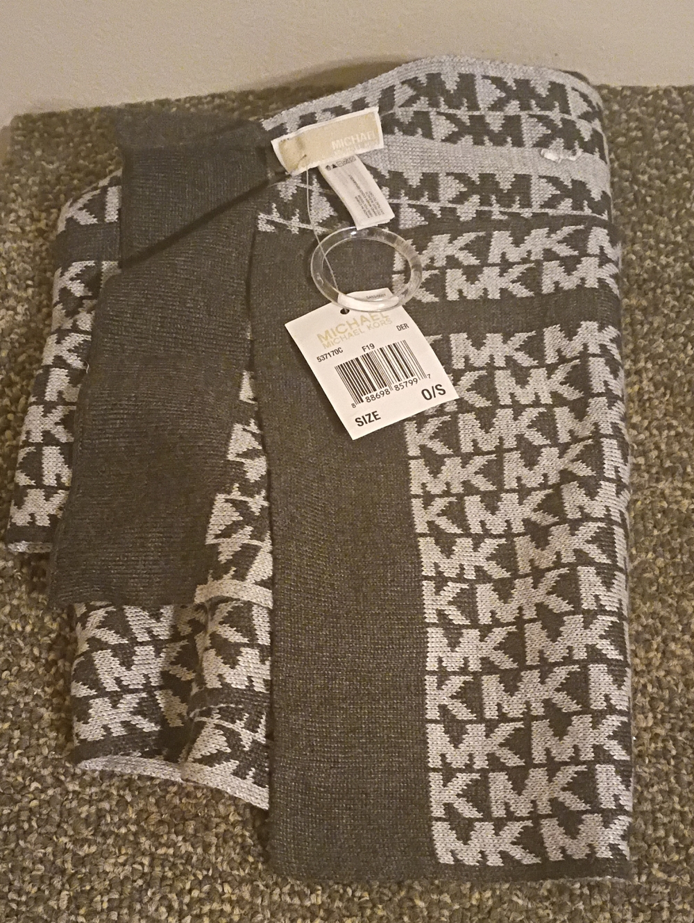 Michael Kors Gray and Light Gray MK Logo Knit Scarf NWT